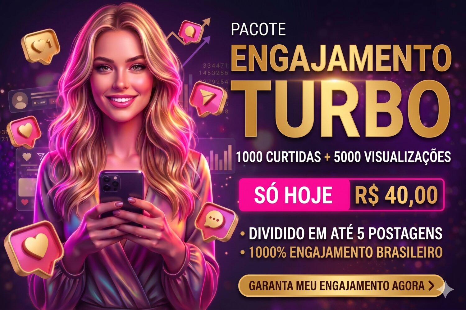 Pacote Engajamento Turbo: 1000 curtidas + 5000 visualizações por R$ 40