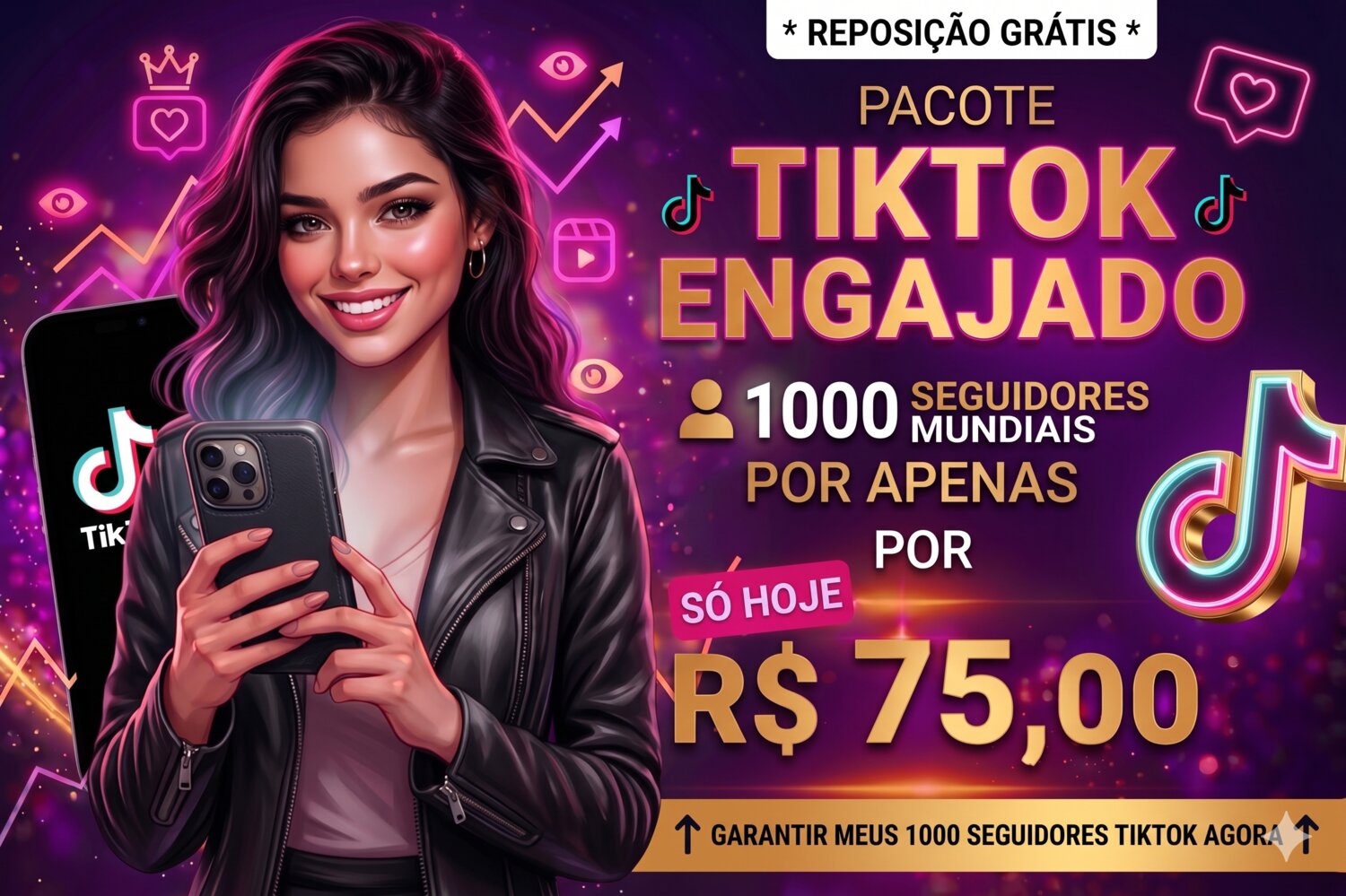 Pacote TikTok Engajado: 1.000 seguidores mundiais por R$ 150 — reposição grátis